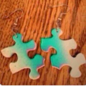Sale! Teal and white airbrushed Puzzle Earrings